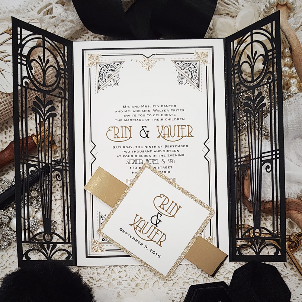 Invitation 8008: Glittering Black, Gold Glitter, Cream Smooth - art deco gat fold back lasercut with gold mirror band and tag