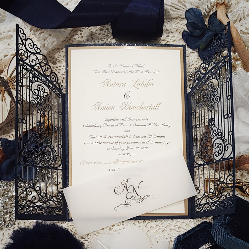 Invitation 8009: Glittering Navy, Gold Mirror, Cream Smooth - gate fold gate style lasercut in navy with vellum band