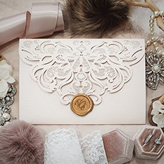 Invitation 8010: Blush Shimmer, Cream Smooth, Gold Wax - blush pocketfold lasercut with wax seal