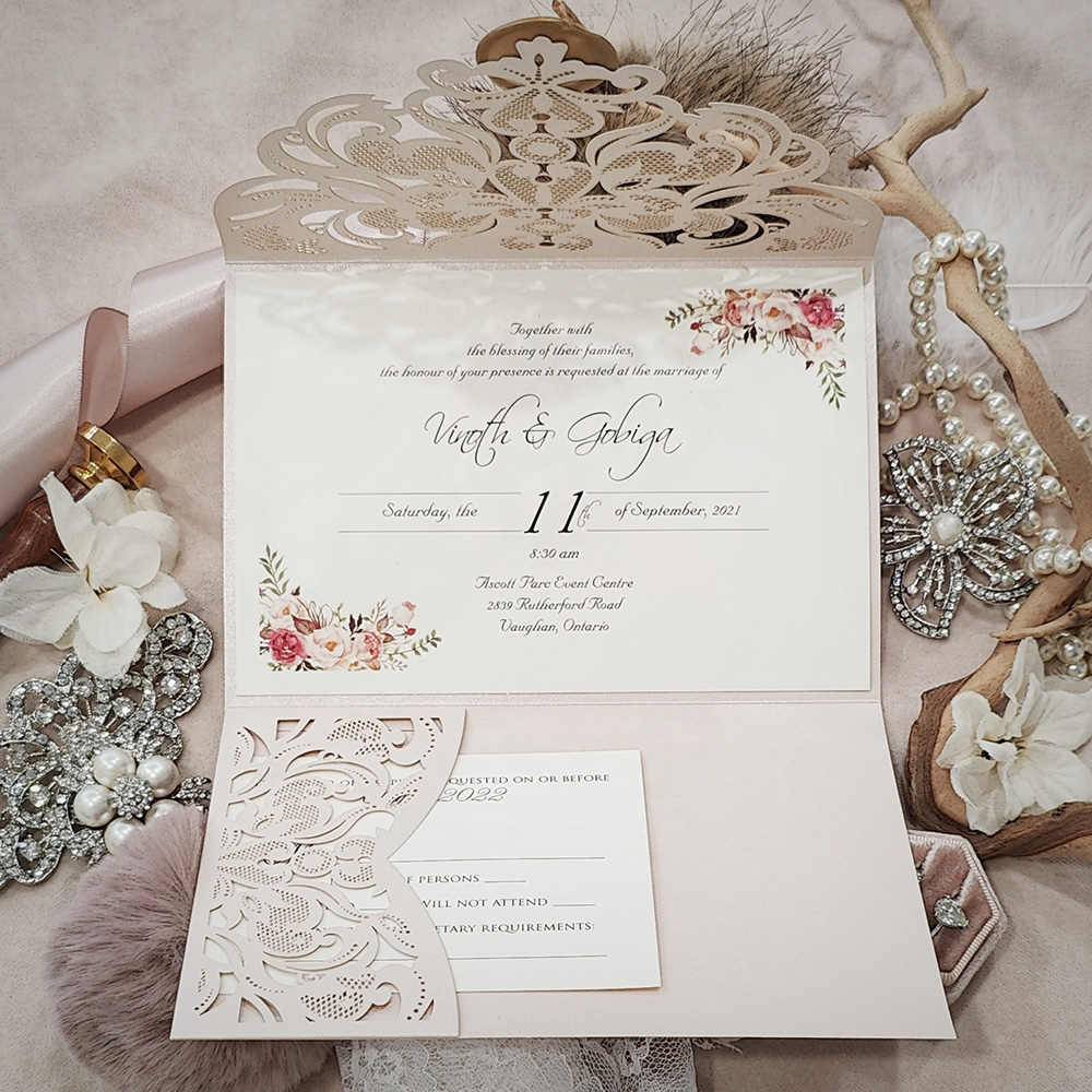 Invitation 8010: Blush Shimmer, Cream Smooth, Gold Wax - blush pocketfold lasercut with wax seal