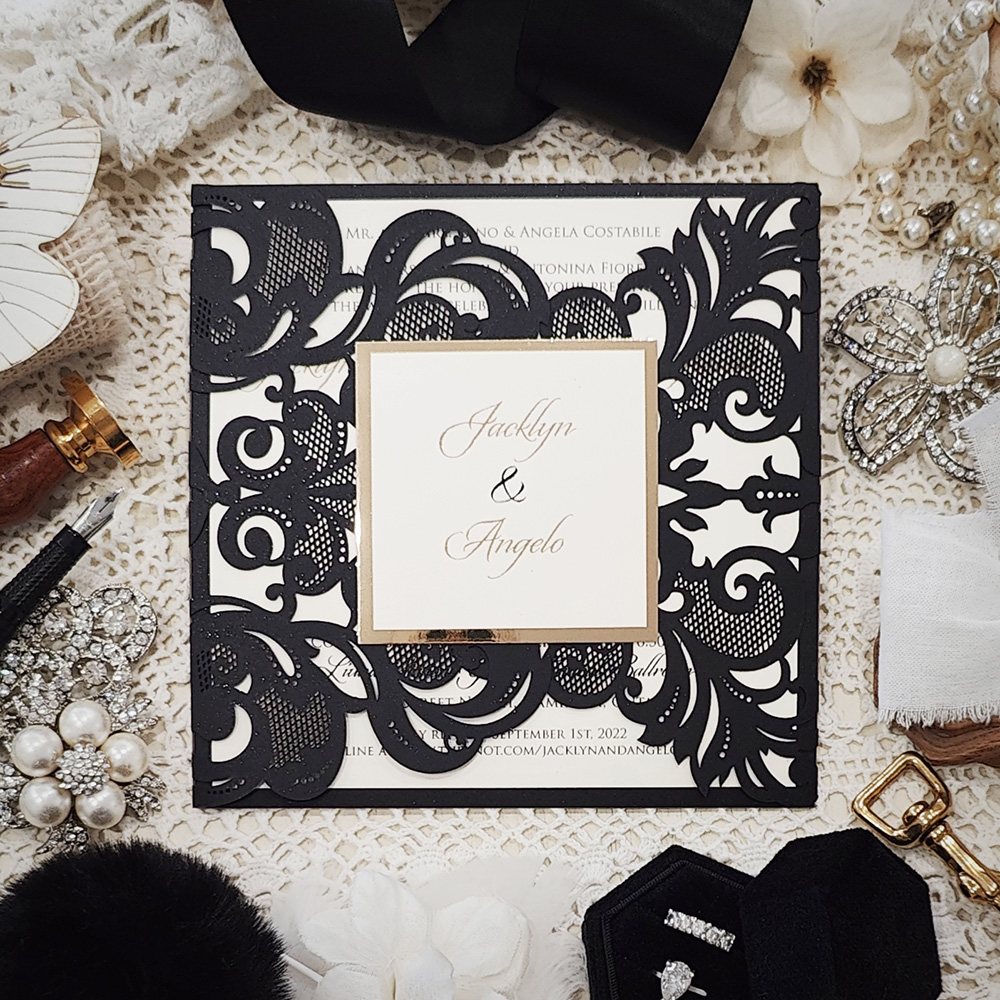 Invitation 8012: Glittering Black, Gold Mirror, Cream Smooth - Black gatefold lasercut with tag with gold mirror backing