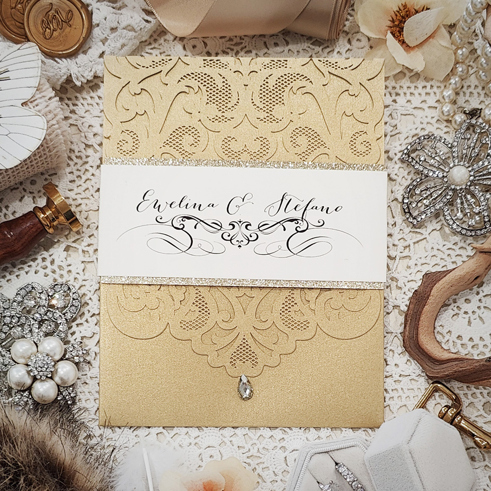 Invitation 8013: Metallic Gold, Champagne Glitter, Cream Smooth - gold pocketstyle lasercut with band backed with glitter