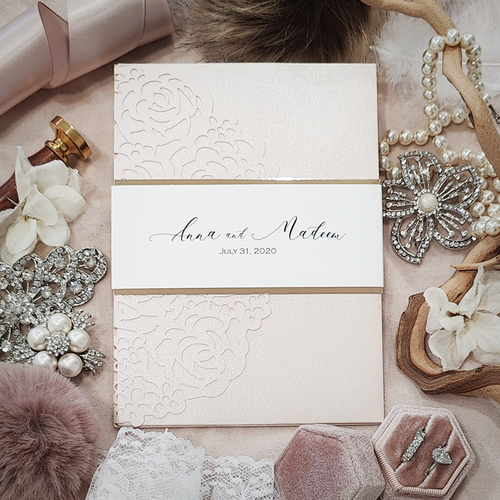 Invitation 8014: Blush Shimmer, Gold Mirror, Cream Smooth - blush rose pocketfold lasercut with printed layered band