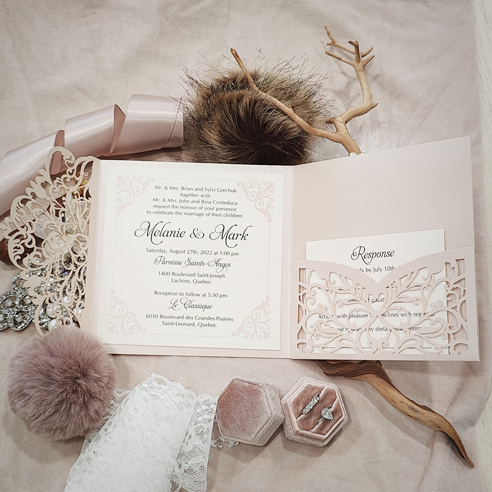 Invitation 8018: Ivory Shimmer, Cream Smooth - Ivory pocketfold lasercut with vellum band