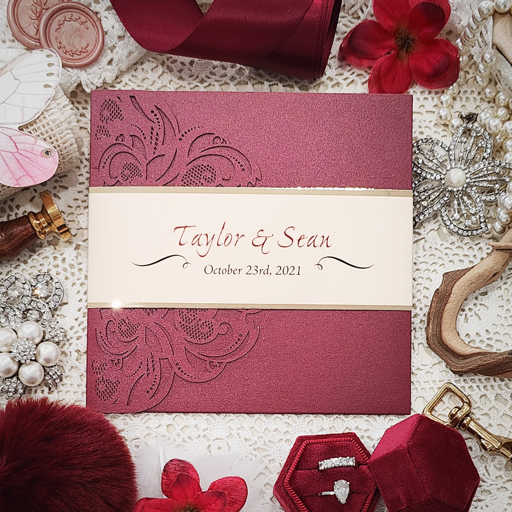 Invitation 8021: Burgundy Shimmer, Gold Mirror, Cream Smooth - burgundy lasercut pocketfold with vellum band