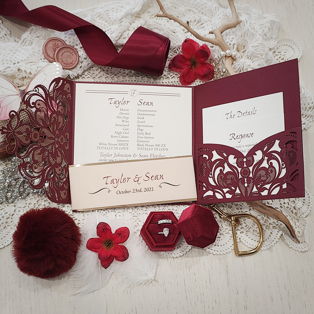 Invitation 8021: Burgundy Shimmer, Gold Mirror, Cream Smooth - burgundy lasercut pocketfold with vellum band