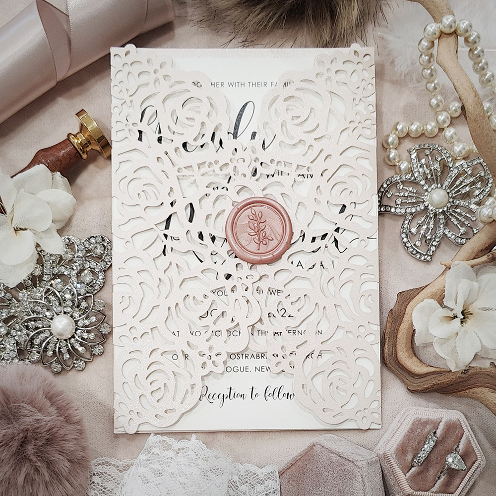 Invitation 8023: Blush Shimmer, Cream Smooth, Blush Wax - blush gatefold rose lasercut with wax seal