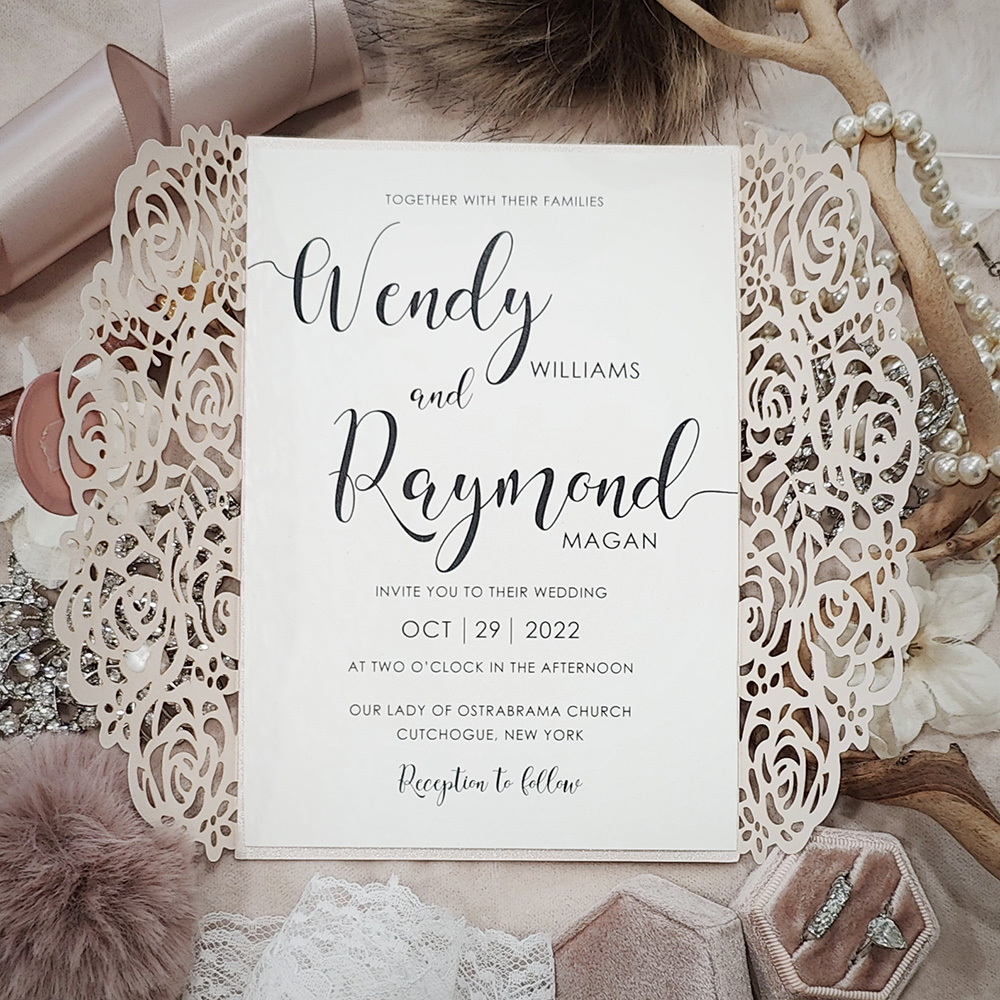 Invitation 8023: Blush Shimmer, Cream Smooth, Blush Wax - blush gatefold rose lasercut with wax seal