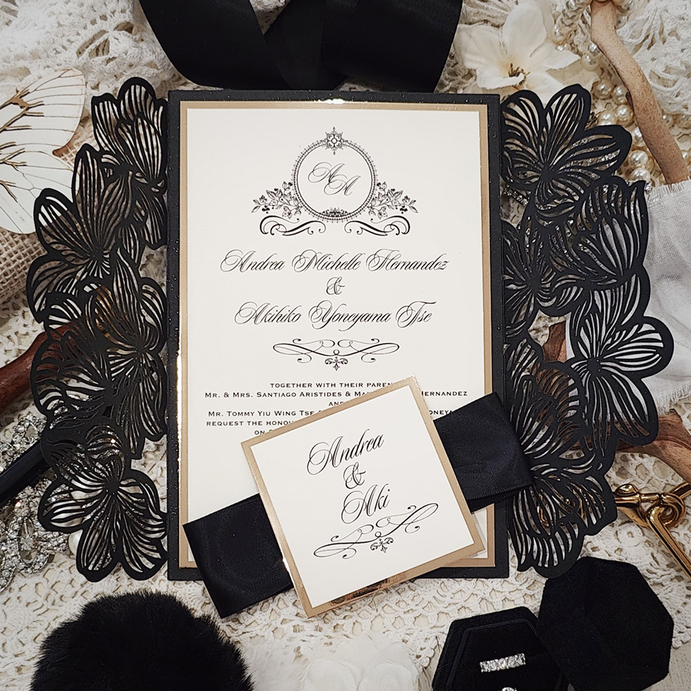 Invitation 8024: Glittering Black, Gold Mirror, Cream Smooth, Black Ribbon - Black gate lasercut with ribbon and layered tag and layered layout