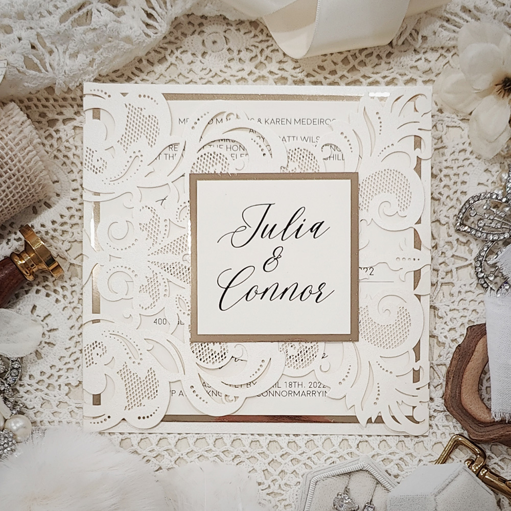 Invitation 8027: Ivory Shimmer, Gold Mirror, Cream Smooth - ivory gatefold lasercut with layered tag and layout