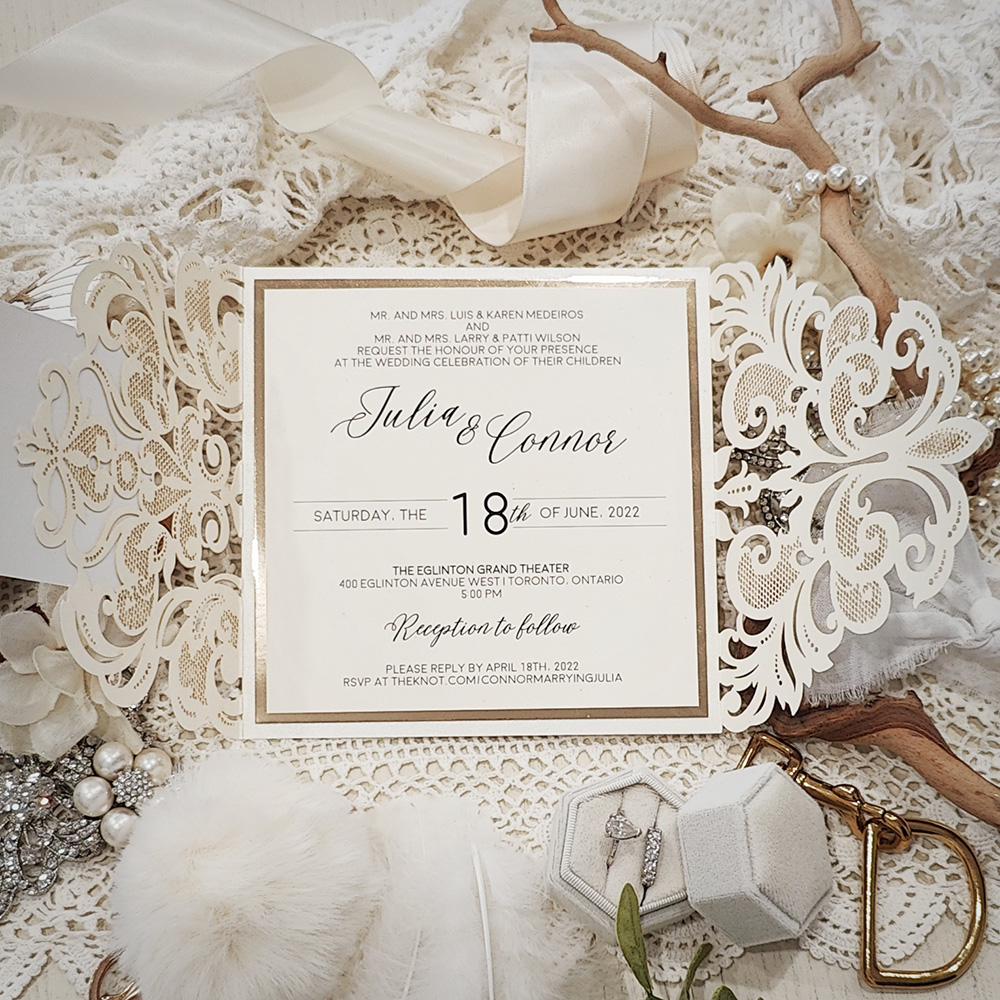 Invitation 8027: Ivory Shimmer, Gold Mirror, Cream Smooth - ivory gatefold lasercut with layered tag and layout