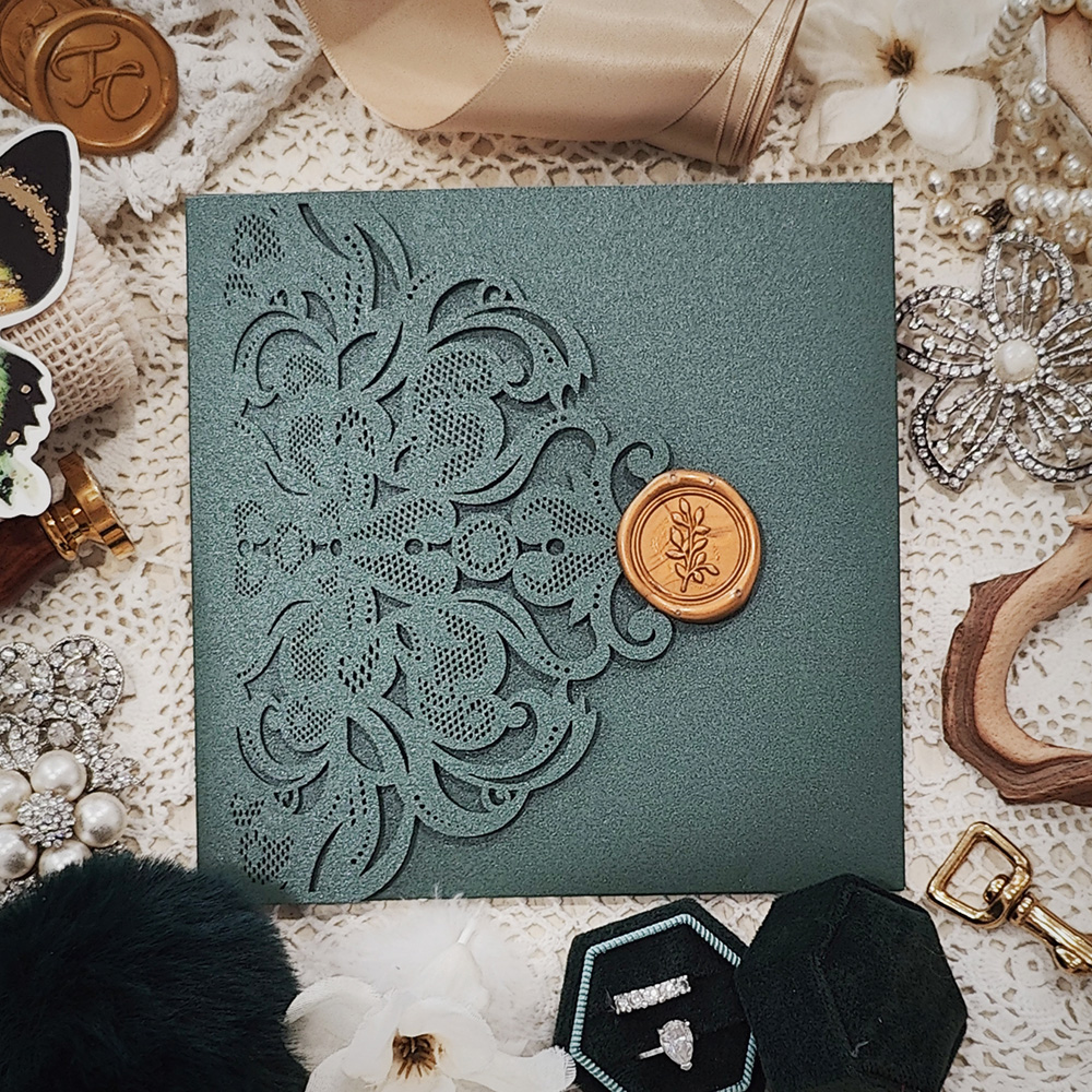 Invitation 8029: Emerald Green Shimmer, Cream Smooth, Gold Wax - emerald pocketfold lasercut with gold wax seal