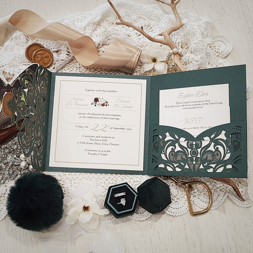 Invitation 8029: Emerald Green Shimmer, Cream Smooth, Gold Wax - emerald pocketfold lasercut with gold wax seal