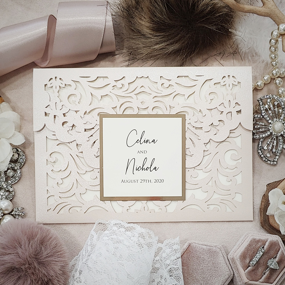 Invitation 8031: Blush Shimmer, Gold Mirror, Cream Smooth - blush pocket lasercut with layered tag