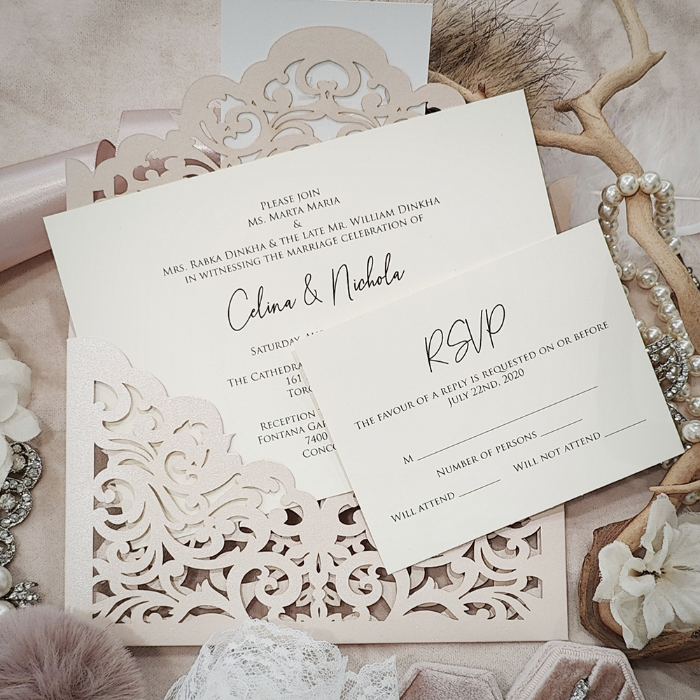 Invitation 8031: Blush Shimmer, Gold Mirror, Cream Smooth - blush pocket lasercut with layered tag