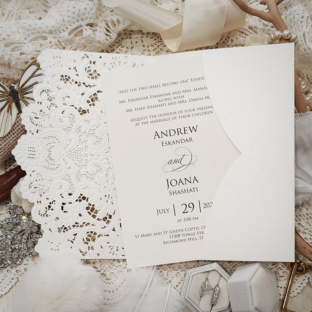 Invitation 8033: Ivory Shimmer, Gold Mirror, Cream Smooth - ivory pocket lasercut with layered tag