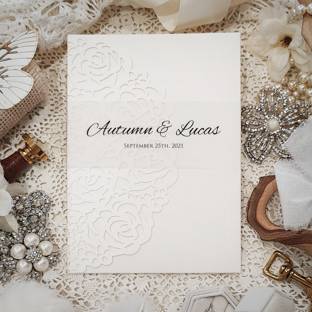 Invitation 8034: Ivory Shimmer, Cream Smooth - Ivory pocketfold lasercut with vellum band