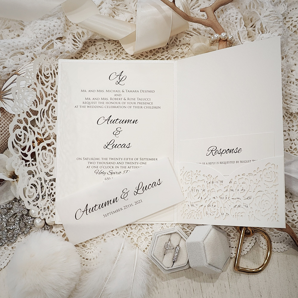 Invitation 8034: Ivory Shimmer, Cream Smooth - Ivory pocketfold lasercut with vellum band