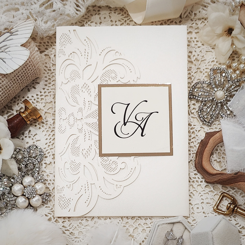 Invitation 8035: Ivory Shimmer, Gold Mirror, Cream Smooth - ivory pocketfold lasercut with layered layout and tag