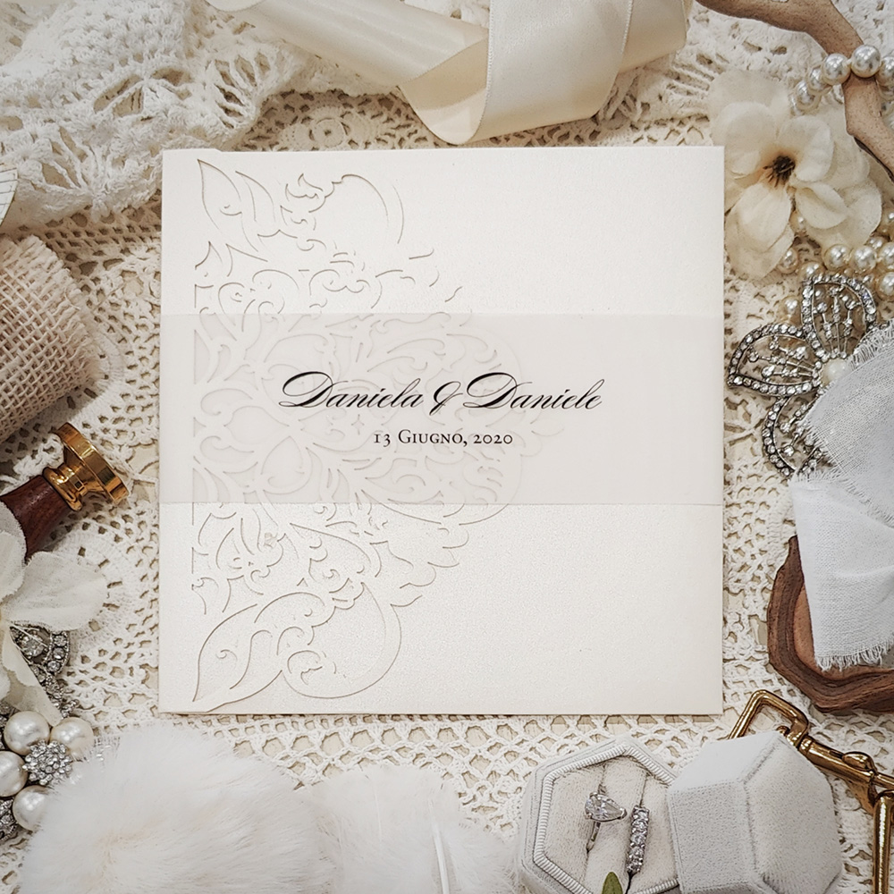 Invitation 8036: Ivory Shimmer, Cream Smooth - Square lasercut ivory with vellum band
