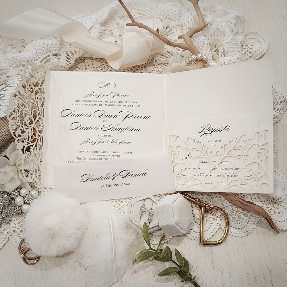 Invitation 8036: Ivory Shimmer, Cream Smooth - Square lasercut ivory with vellum band