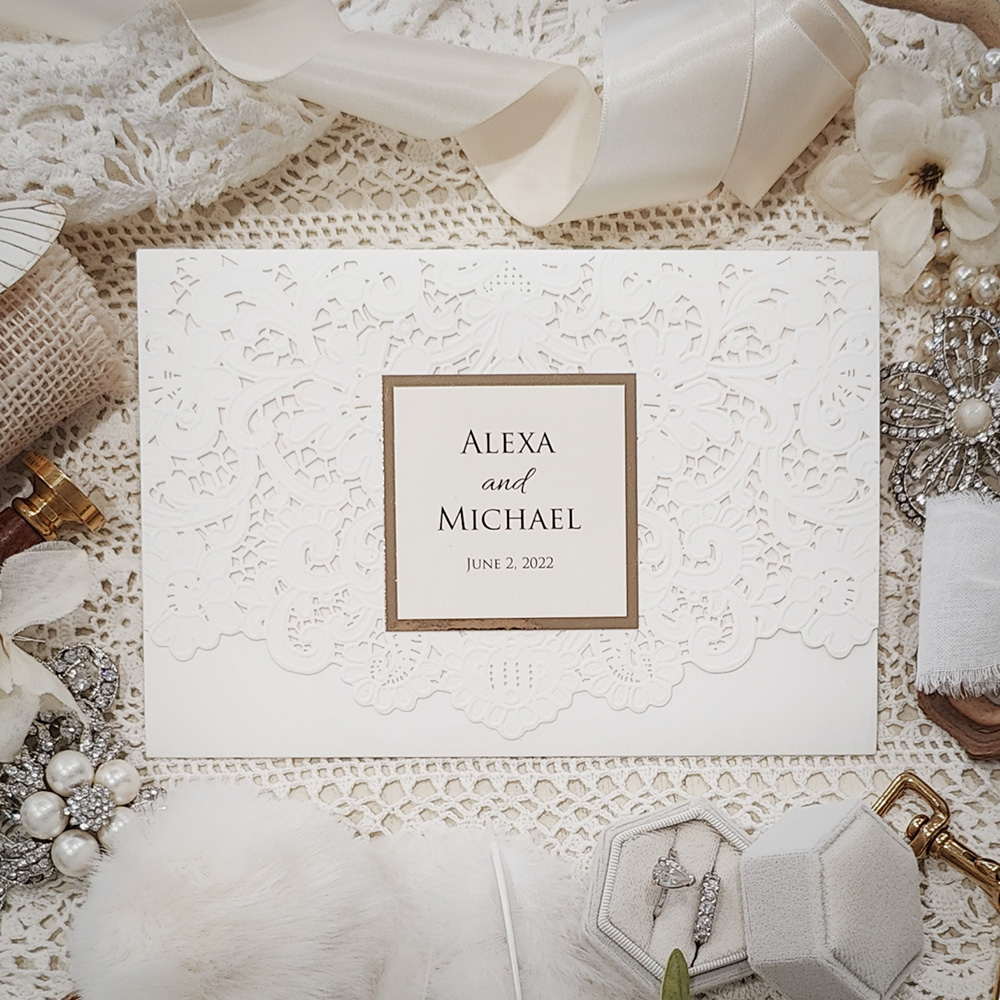 Invitation 8037: Ivory Shimmer, Gold Mirror, Cream Smooth - ivory pocketfold lasercut with layered tag