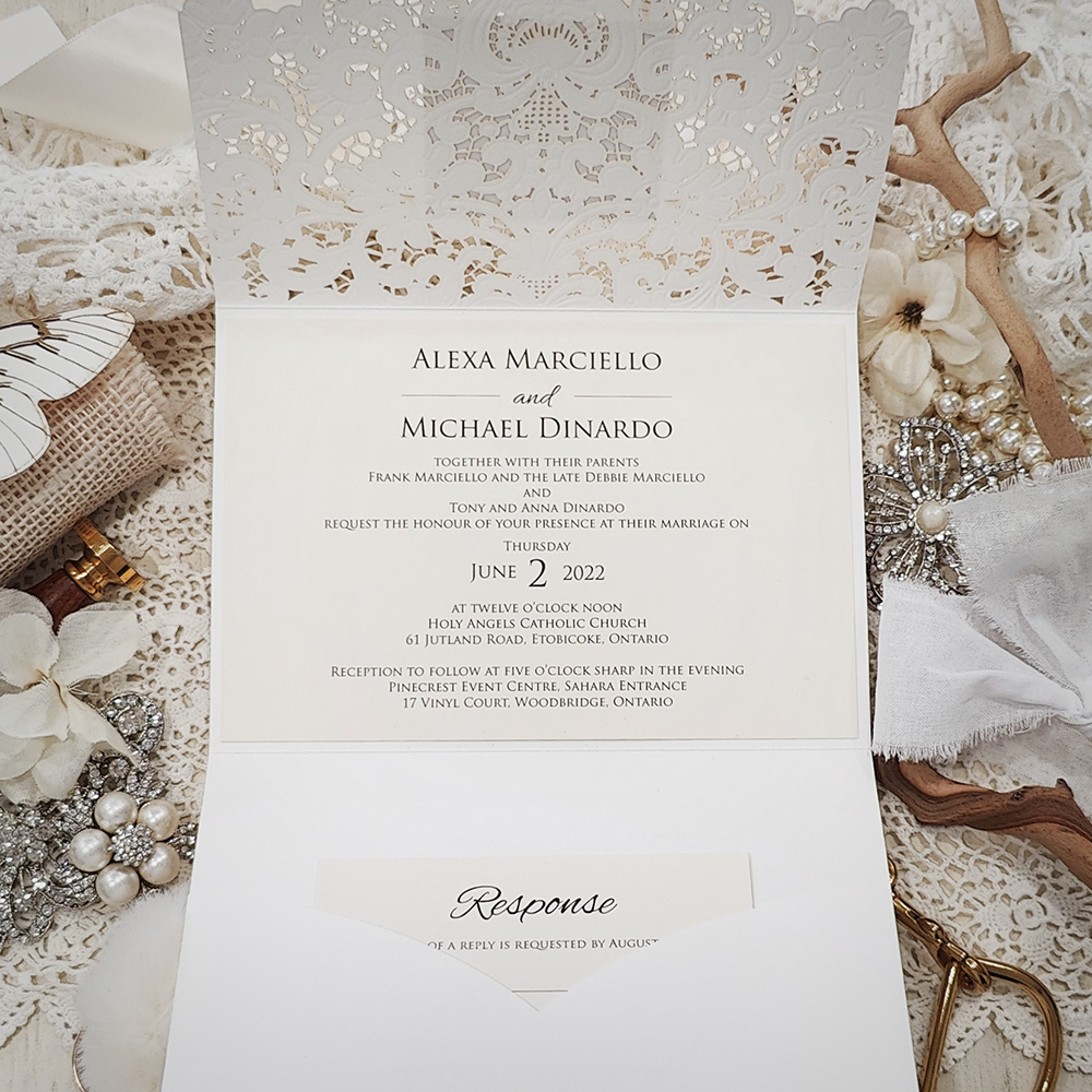 Invitation 8037: Ivory Shimmer, Gold Mirror, Cream Smooth - ivory pocketfold lasercut with layered tag