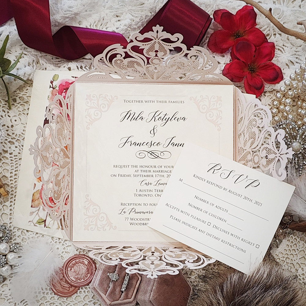 Invitation 8040: Blush Shimmer, Cream Smooth - This is the base 4 flap laser cut wedding invitation design.