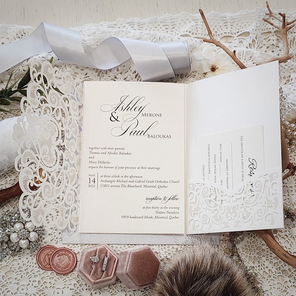 Invitation 8042: Ivory Shimmer, Cream Smooth - This is the damask flap design laser cut in a pocketfolder design.