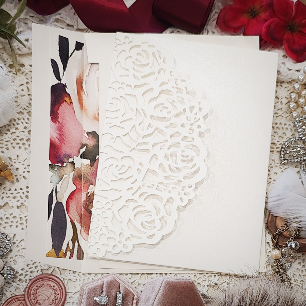 Invitation 8043: Ivory Shimmer, Cream Smooth - This is the base laser cut pocketfolder design with a rose cut cover flap in the ivory shimmer color.