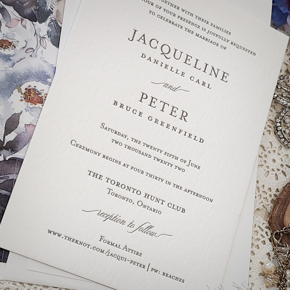 Invitation 5000: Cotton - Single panel unembellished base letterpress invitation in silver ink