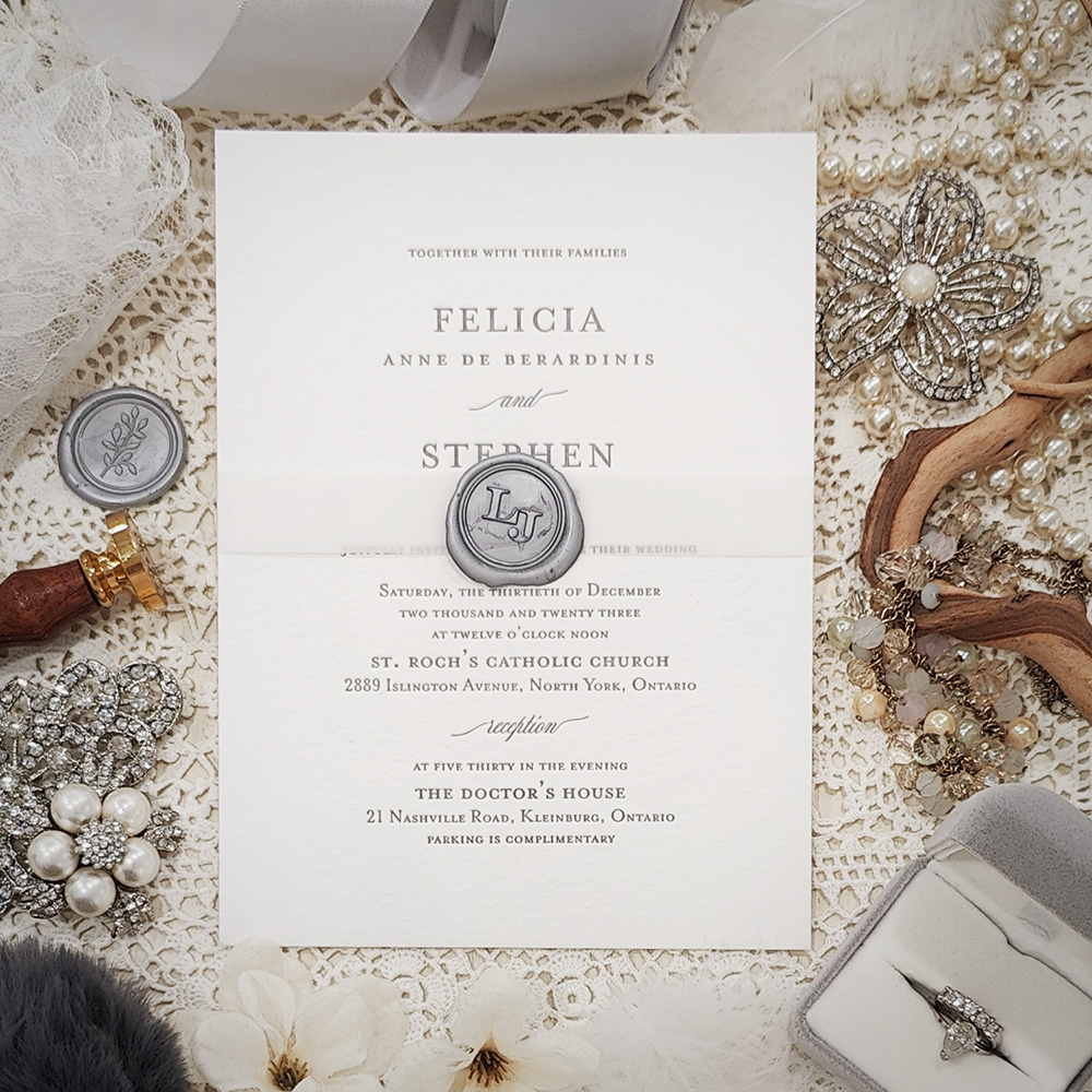 Invitation 5002: Cotton, Silver Wax - letterpress invitation on cotton paper in silver ink with vellum band and silver wax seal