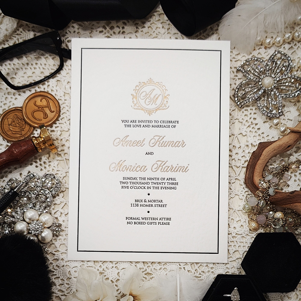 Invitation 5007: Cotton - Black and goil foil letterpress invitation on white cotton