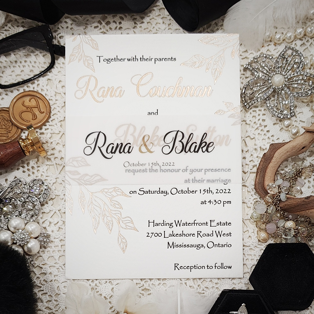 Invitation 5008: Cotton - letterpress invite with gold foil and black ink on white cotton paper and vellum belly band