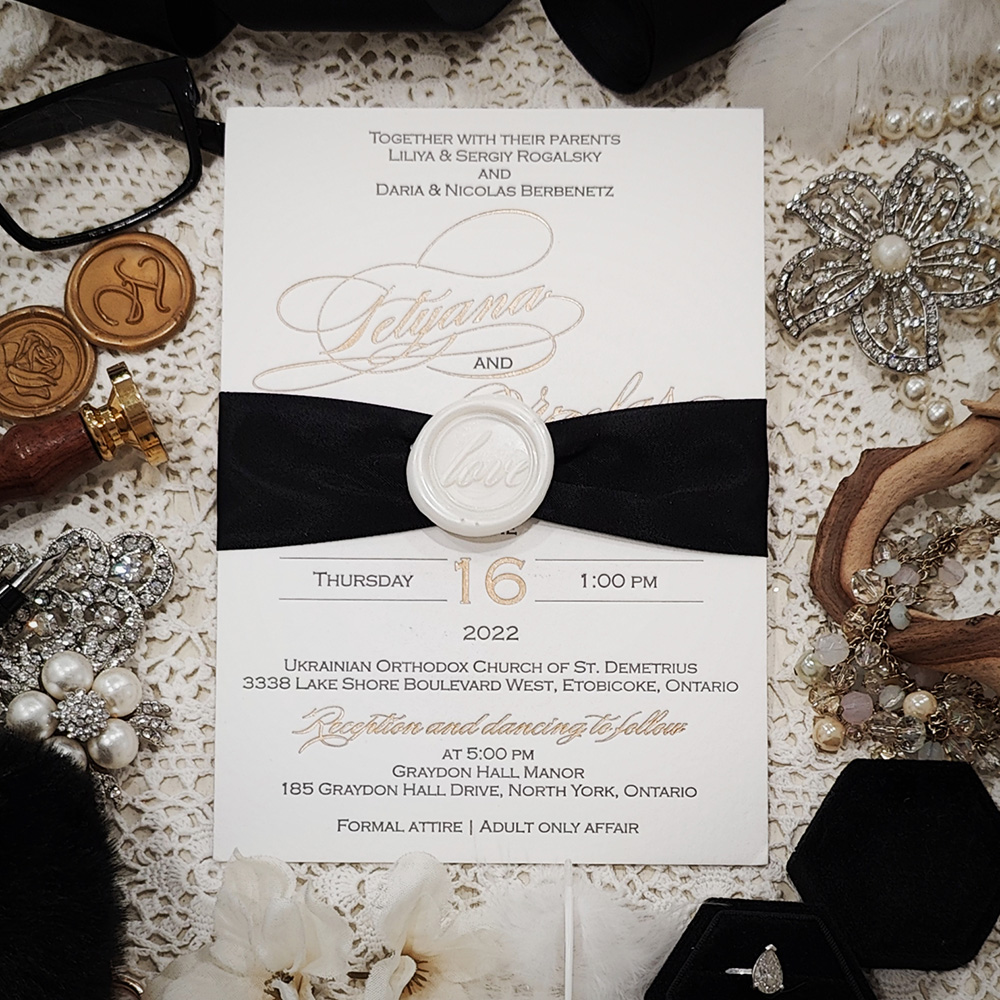 Invitation 5009: Cotton, Ivory Wax, Black Ribbon - letterpress invitation with gold foil and black ink with ribbon and wax seal