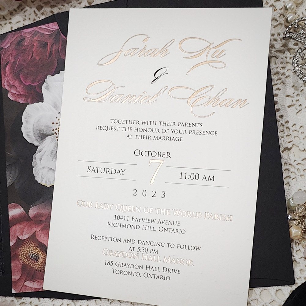 Invitation 5010: Cotton - letterpress invite with gold foil and black ink on cotton white matte paper