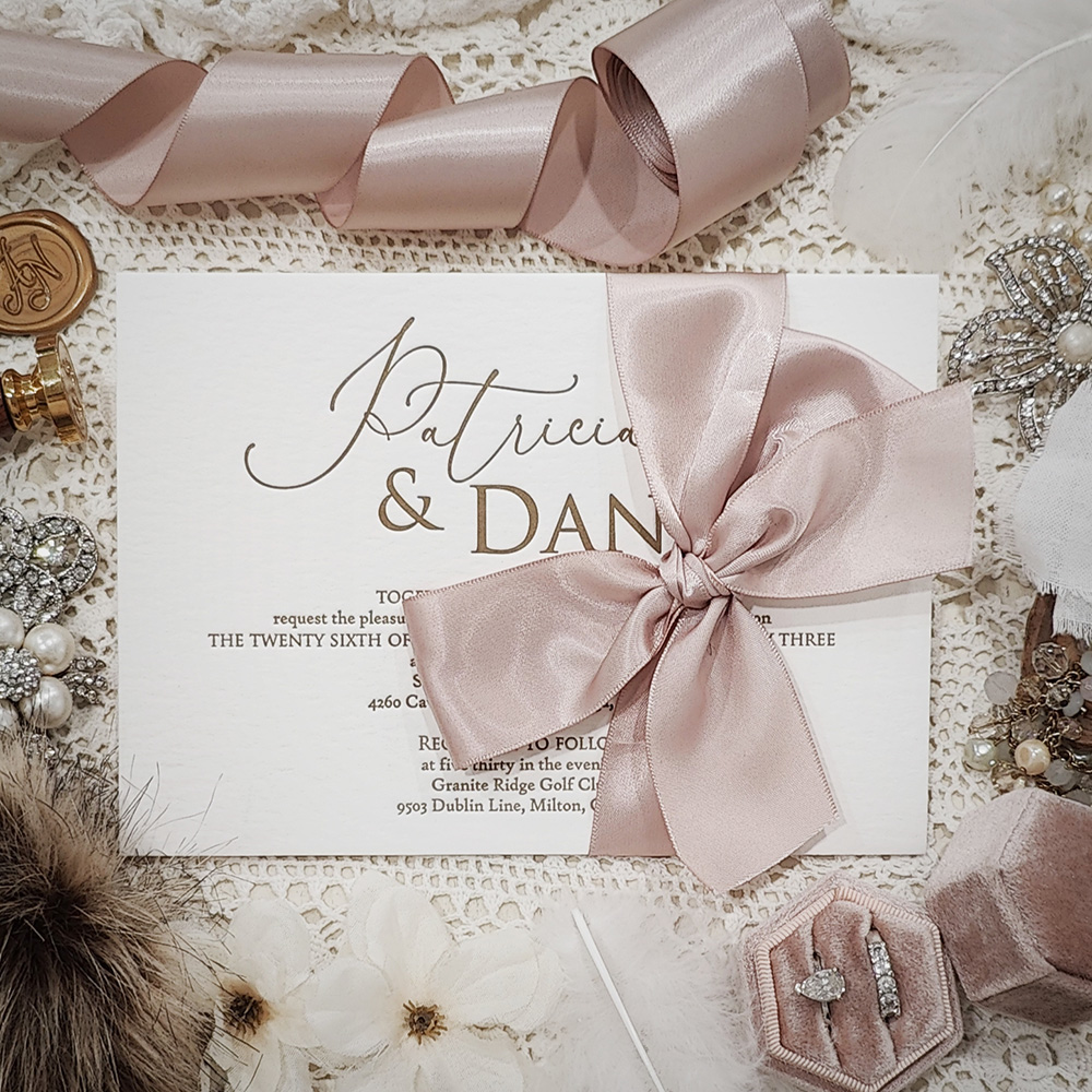 Invitation 5013: Cotton, Deep Blush Ribbon - landscape letterpress in gold ink with blush bow