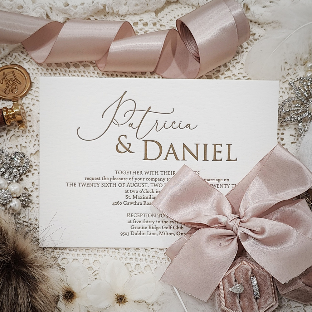 Invitation 5013: Cotton, Deep Blush Ribbon - landscape letterpress in gold ink with blush bow