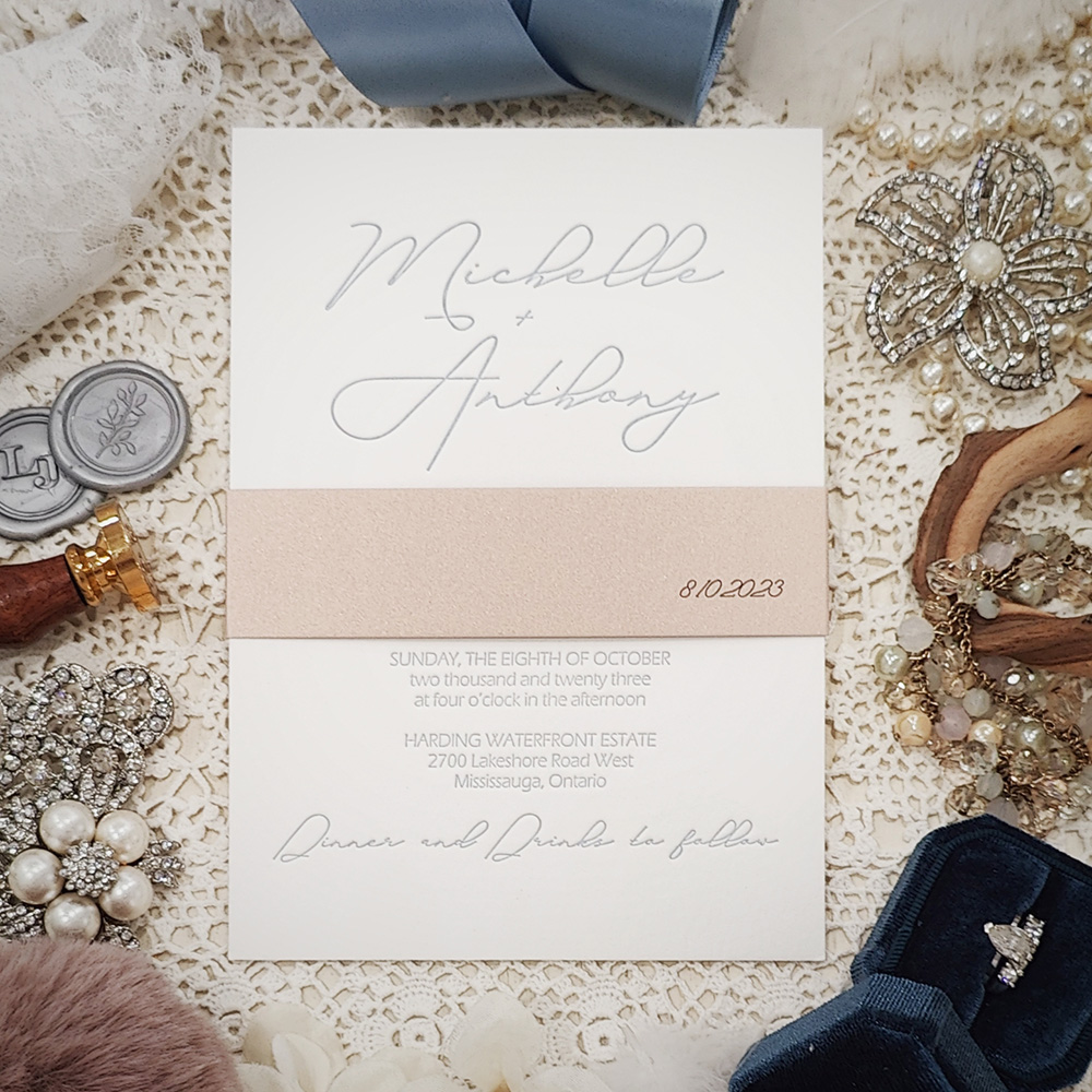Invitation 5015: Cotton - letterpress invitation in dusty blue ink on matte white cotton paper with blush belly band