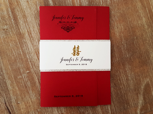 Invitation mb10: Red Lacquer, Champagne Glitter, Cream Smooth - This is a rich red folder design with a layered belly band wrapped around the invite.