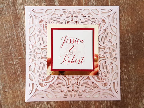 Invitation mb12: Blush Shimmer, Red Lacquer, Cream Smooth - This is a square four flap laser cut invite design.  There is a double layered cover tag on the flap.