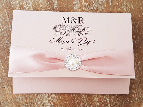 Invitation mb14: Blush Pearl, Deep Blush Ribbon, Brooch/Buckle G - This is a blush pearl pocket folder design invite.  There is a deep blush ribbon around the cover and a pearl brooch on the middle.