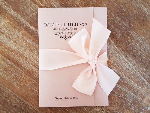 Invitation mb22: Blush Pearl, Blush Ribbon - This is a 3/4 flap pocket folder in the blush pearl paper.  There is a large 1.5 inch blush bow tied around the invite.