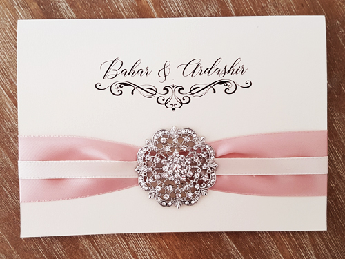 Invitation mb25: White Gold, Deep Blush Ribbon, Antique Ribbon, Brooch/Buckle A20 - This is a full flap pocketfolder wedding invite using the white gold paper.  There is a double ribbon stripe and brooch design on the cover flap.