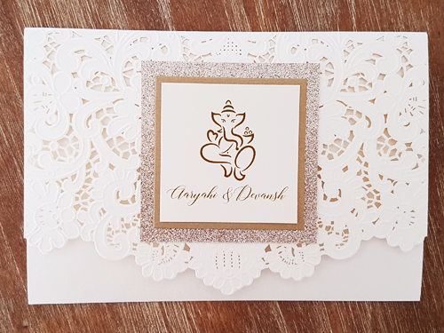 Invitation mb2: Ivory Shimmer, Gold Pearl, Cream Smooth - This is an ivory shimmer laser cut pocket design.  There is a double layered cover tag on the flap.