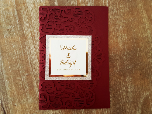 Invitation mb4: Burgundy Shimmer, Gold Mirror, Cream Smooth - This is a burgundy shimmer laser cut pocket fold design.  There is a double layered cover tag on the cover flap.