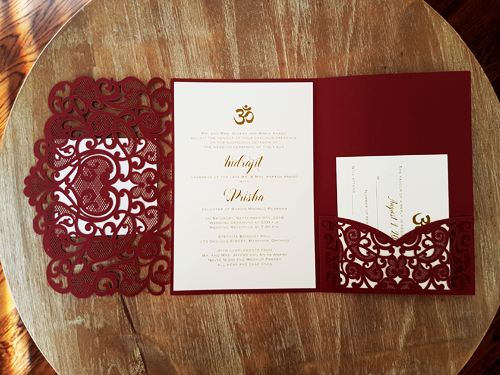 Invitation mb4: Burgundy Shimmer, Gold Mirror, Cream Smooth - This is a burgundy shimmer laser cut pocket fold design.  There is a double layered cover tag on the cover flap.