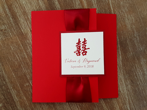 Invitation mb8: Red Linen, Red Lacquer, Cream Smooth, Sherry Ribbon - This is red linen square trifold style invite.  There is a sherry red ribbon on the cover flap and layered cover tag.