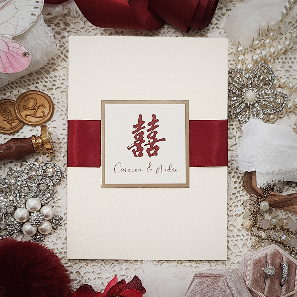 Invitation 8103:  - Bifold Chinese invite on white gold with sherry ribbon and layered tag