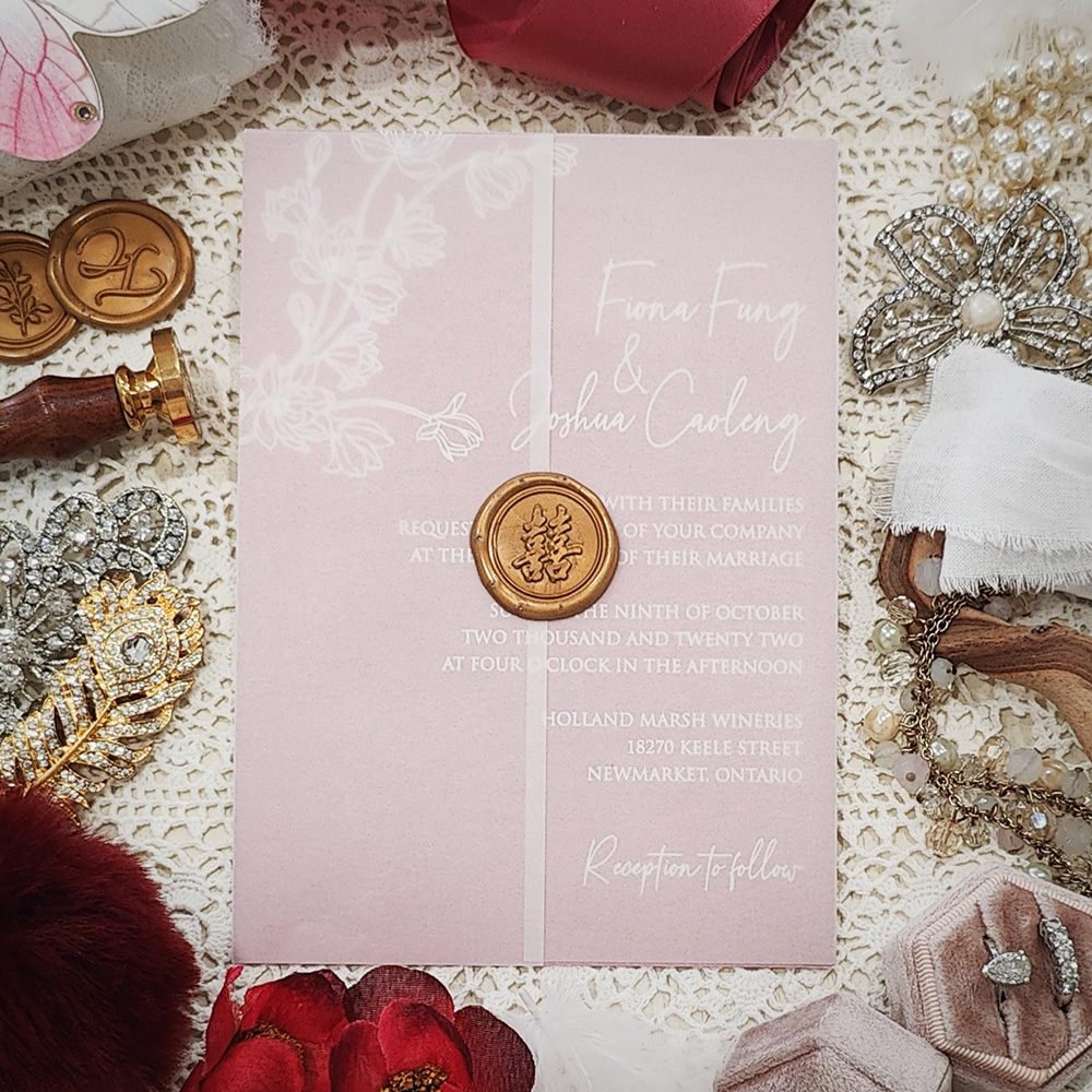 Invitation 8107: Blush Pearl, Gold Wax - full color print layout with vellum wrap and double Happiness gold wax seal